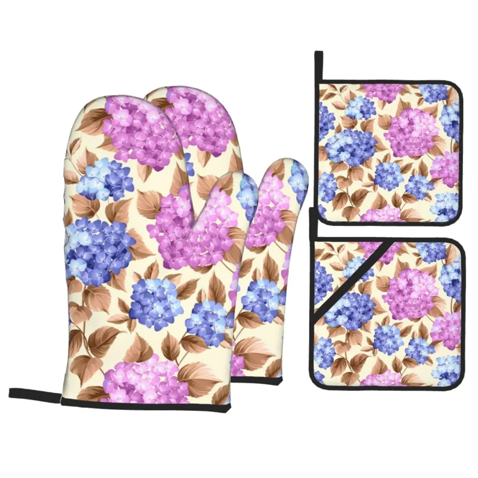 Select Storage ZNDUO Oven Mitts and Pot Holders Sets, Vintage Purple Hydrangea Pattern Non-Slip Cooking Oven Mitt