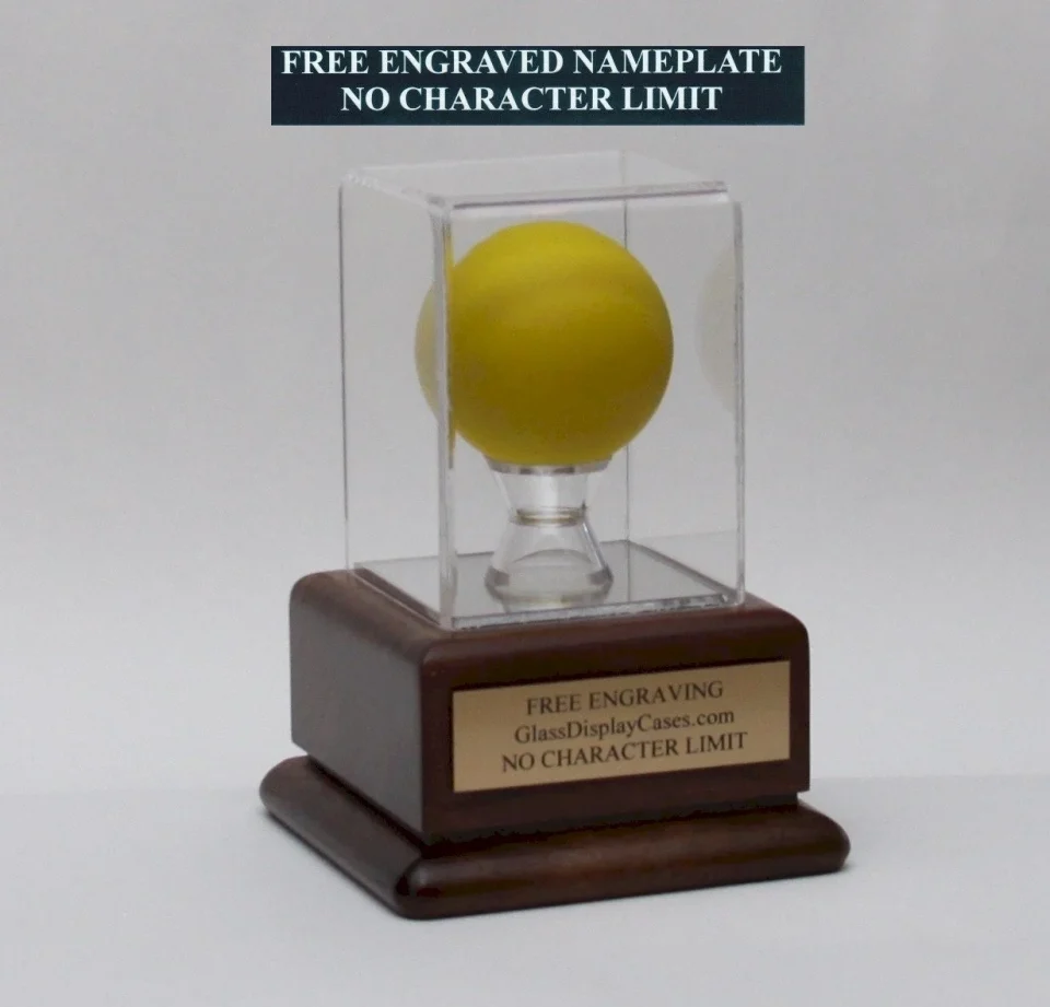 Polished Lacrosse Ball Personalized Acrylic Display Case with Solid Walnut Wood Platform Base - Engraved