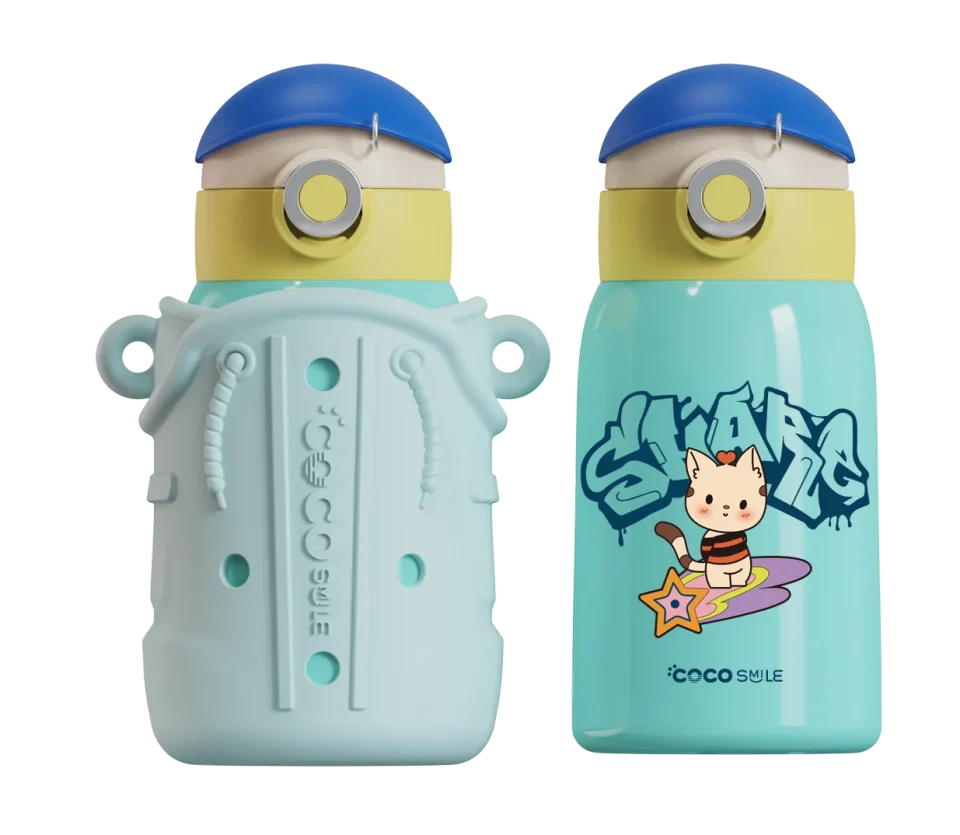 Safe Travel Coco Cap Fun Charm Straw Thermos Cup With Sleeve (Blue)