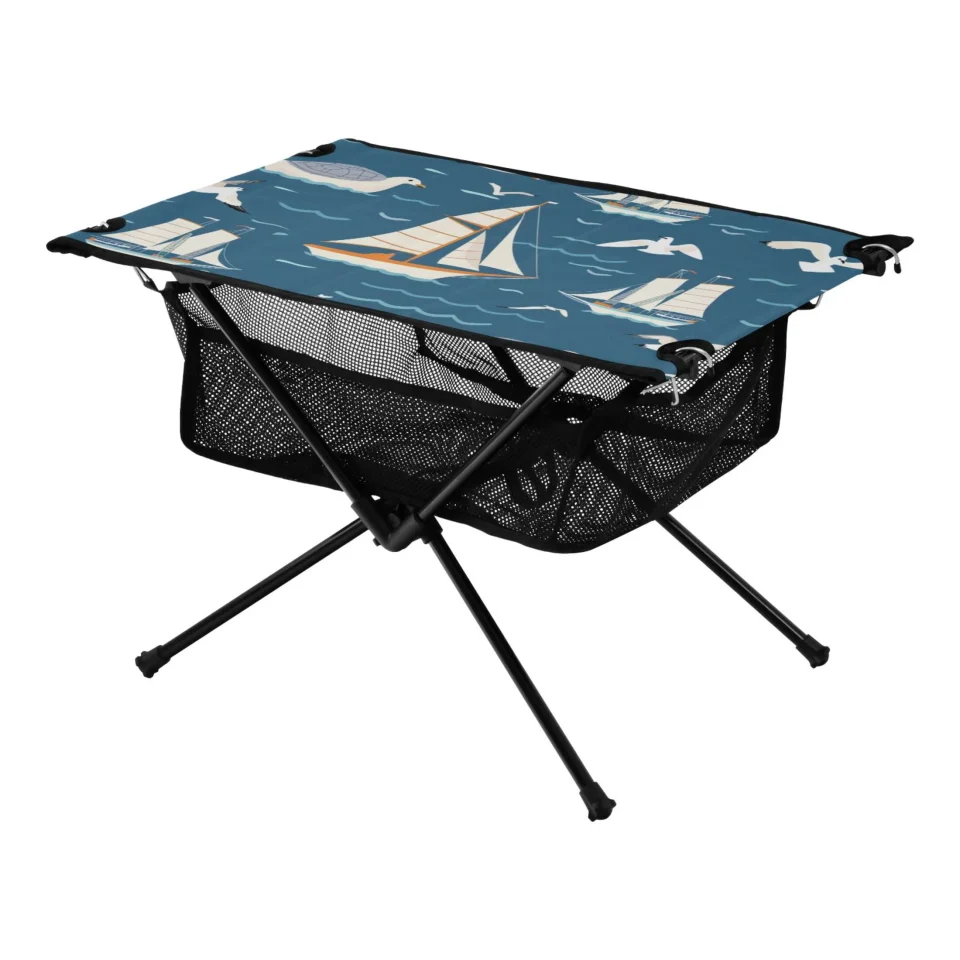 Silicone Seagulls and Ship Camping Folding Table Portable Beach Table with Storage Bag Compact Picnic Table for Outdoor Travel Fishing BBQ