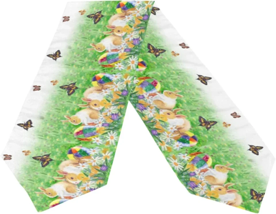 Multi-Purpose Gift-Ready Dreamtimes Double Sided Easter Rabbit Bunny Eggs Spring Flower Long Polyester Table Runner 13 x 70 Inches, Easter Table Cloth Cover Placemats for Kitchen Dinning Living Holiday Wedding Party Decor