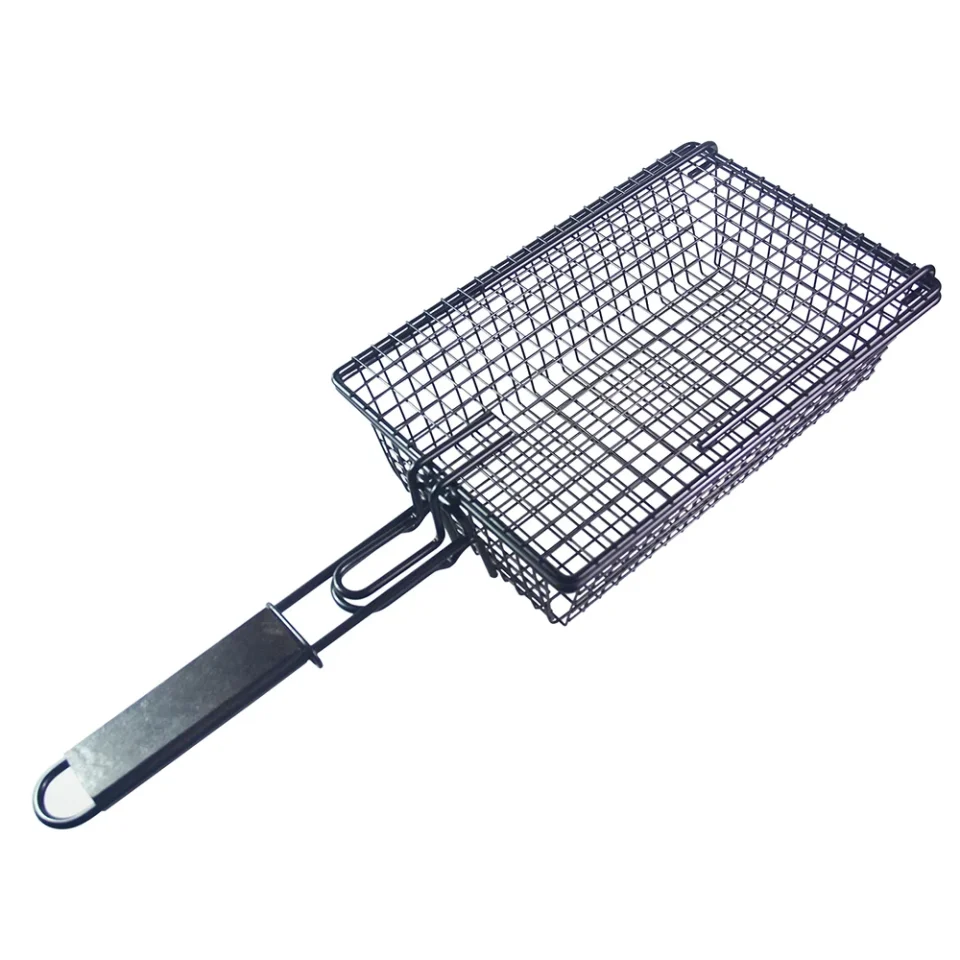 Polished Uteam BBQ Grill Basket Nonstick with Lid for Grilling Fish Vegetable Steak Meat Shrimp Metal Barbecue Tool Foldable Wooden Handle Removeable