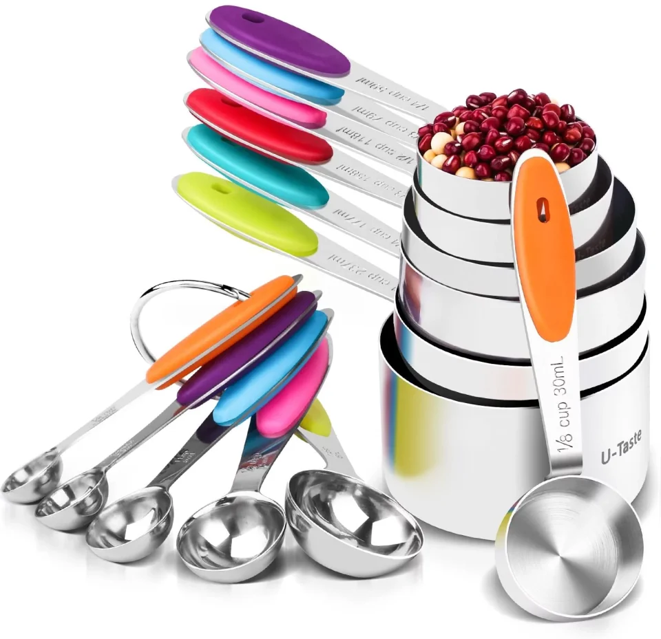 Pure U-Taste 18/8 Stainless Steel Measuring Cups and Spoons Set: 12 Pieces Metal Stacking Kitchen Baking Cooking Food Measure Set 7 Cups 5 Spoons with Strengthened weld joints (Multicolors)