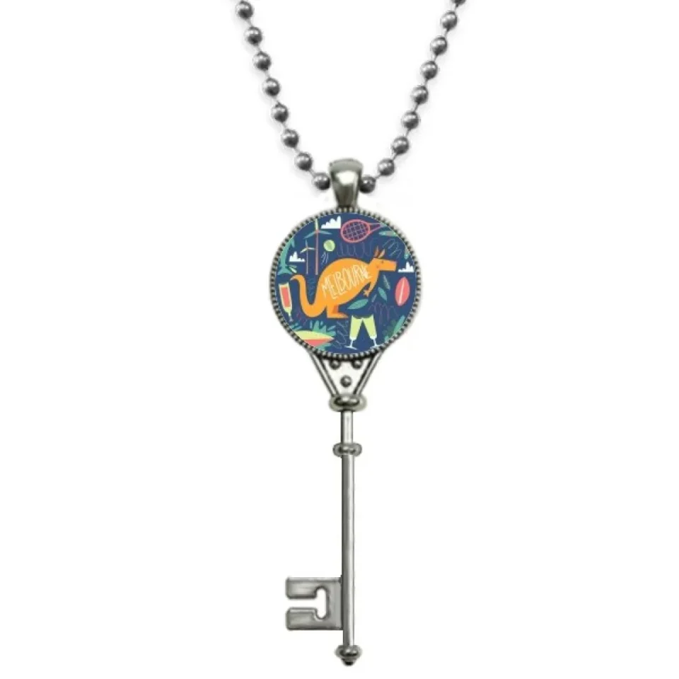 Premium Melbourne Australia Kangaroo Tennis Surfing Pendant Vintage Necklace Silver Key Jewelry