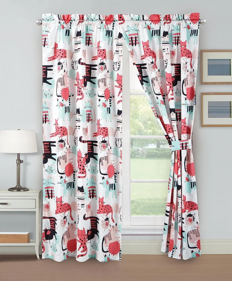 Multi-Purpose Easy-Clean Chezmoi Collection 4-Piece Kids/Teens Cartoon Cats Window Curtain Set - Soft Microfiber Blue Pink Black White Whimsical Cute Cat Children Bedroom Curtains, 2-Panels (42W x 63L)