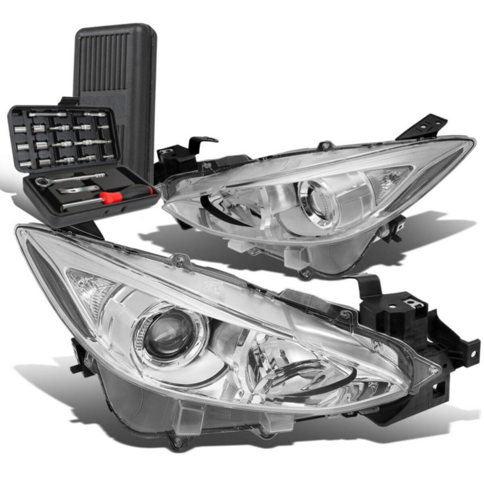 Eco-Friendly 2014-2016 Mazda 3 Pair Chrome Clear Signal Projector Headlight Lamp+Tool Box
