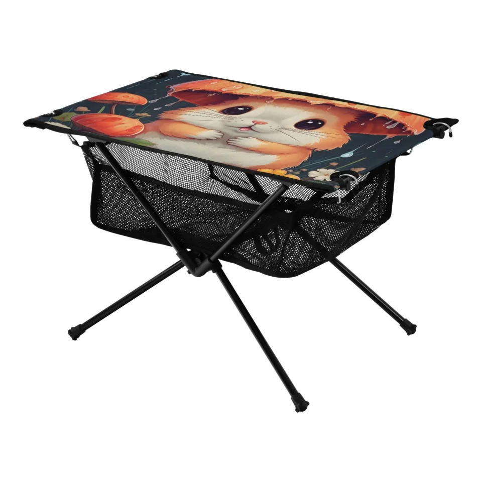 Stainless Steel Outdoor Mouse and Mushrooms Camping Folding Table Portable Beach Table with Storage Bag Compact Picnic Table for Outdoor Travel Fishing BBQ