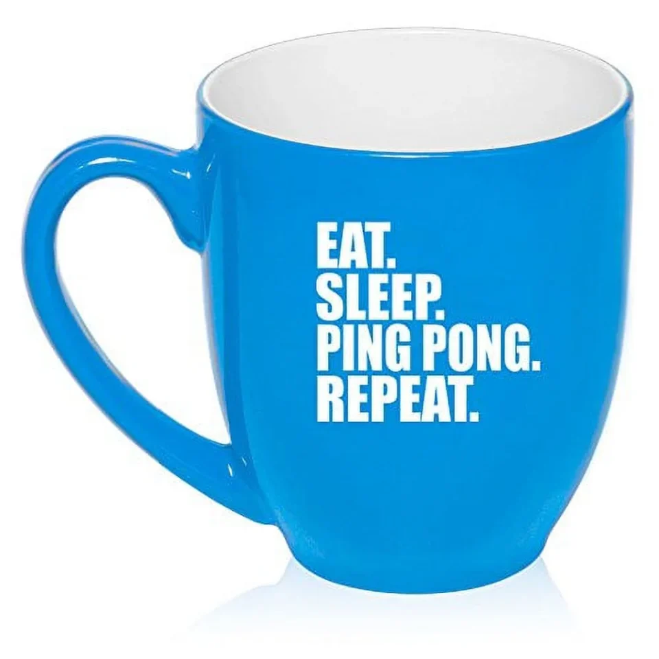 Best-Selling 16 oz Large Bistro Mug Ceramic Coffee Tea Glass Cup Eat Sleep Ping Pong Repeat (Light Blue)
