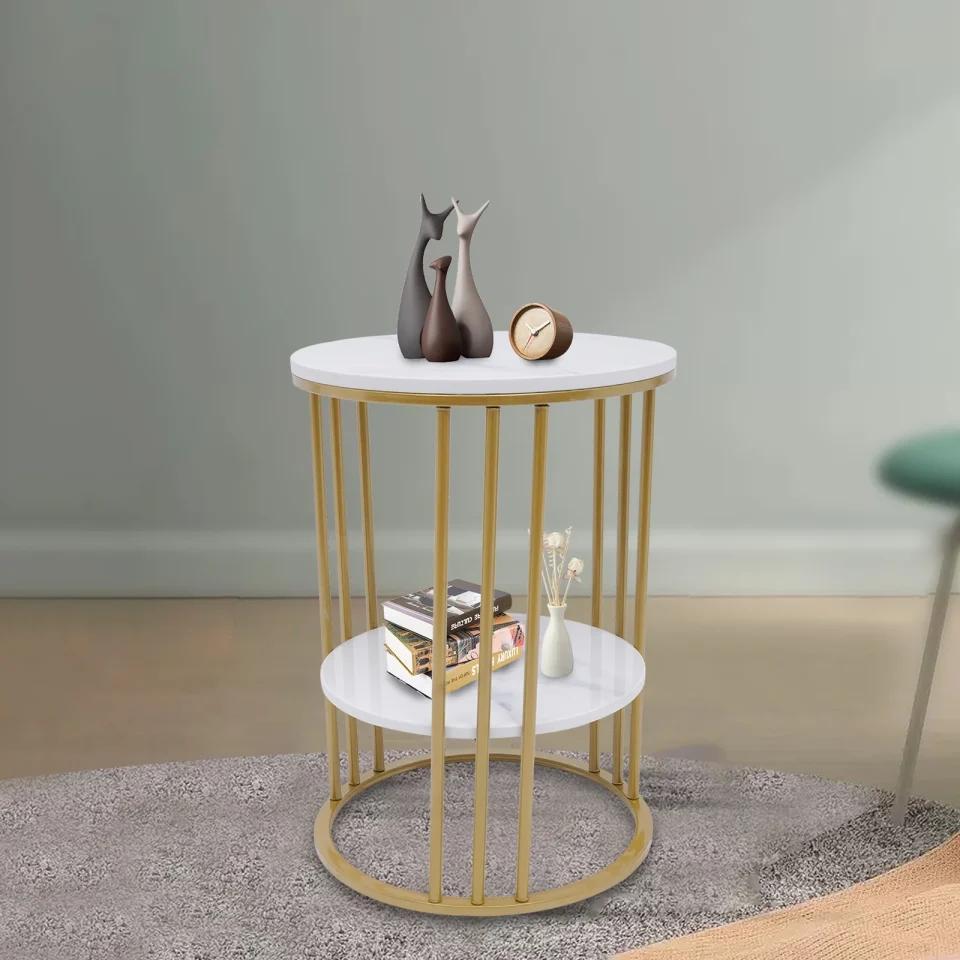 BPA-Free Non-Toxic Modern Round Side End Coffee Table Nightstand Marble Top with Gold Metal Frame