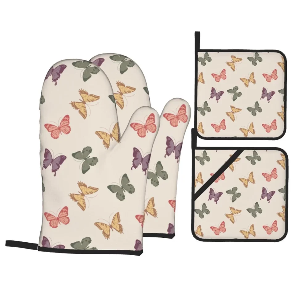 Storage XMXT Waterproof Oven Mitts and Pot Holders Sets, Vintage Colorful Butterfly Sets Kitchen Cooking Heat Resistant, 4 Pcs