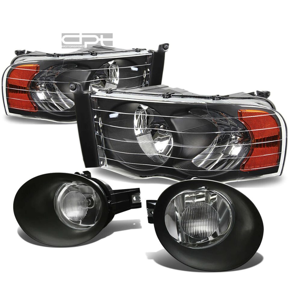 Matte 02-05 RAM TRUCK BLACK/AMBER HEAD LIGHTS+BUMPER FOG LAMPS+SWITCH+B
