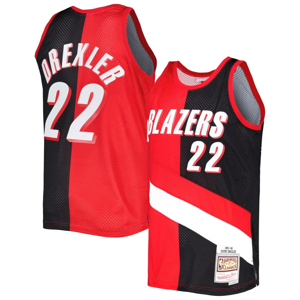 Essential Dining Men's Mitchell & Ness Clyde Drexler Red/Black Portland Trail Blazers Hardwood Classics 1991/92 Split Swingman Jersey