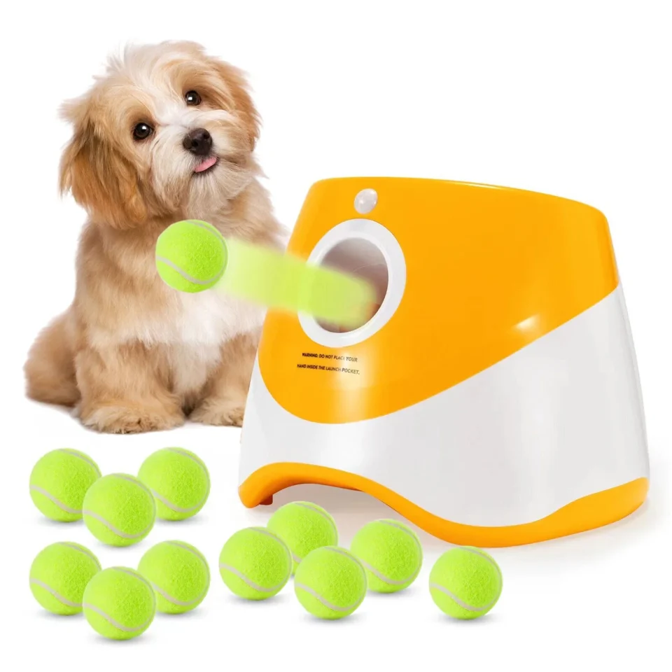 Non-Toxic Glass Automatic Dog Ball Launcher with 12 Tennis Ball Interactive Tennis Pet Thrower