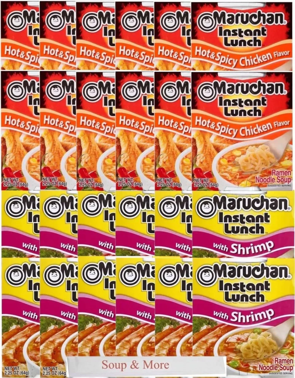 Home Upgraded Maruchan Ramen Instant Cup Noodles 24 Count - 12 Shrimp Flavor & 12 Hot & Spicy Chicken Flavor Lunch / Dinner Variety, 2 Flavors