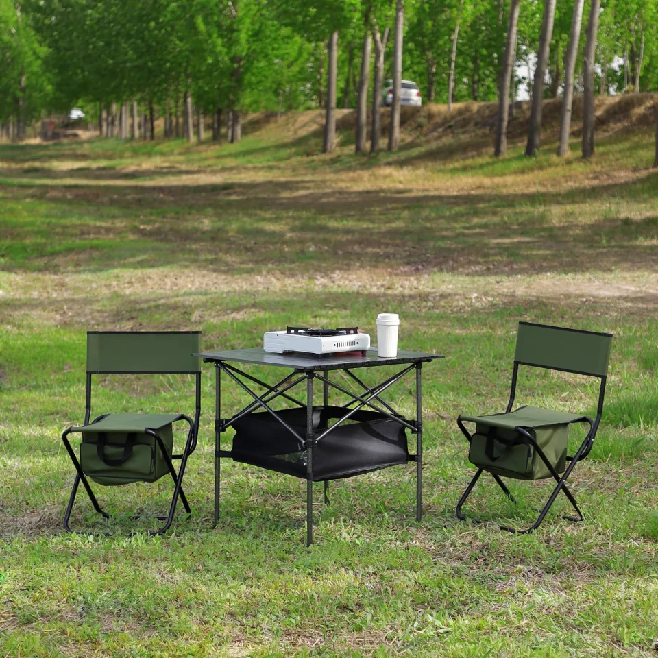 Best-Selling Set of 3, Folding Outdoor Table and Chairs Set for Indoor, Outdoor Camping, Picnics, Beach,Backyard, BBQ, Party, Patio, Black/Green