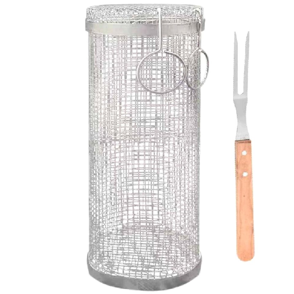 Frosted Thickened BBQ Net Tube, Greatest Stainless Steel Grilling Basket Ever with Fork, Barbecue Tool Sets, Large